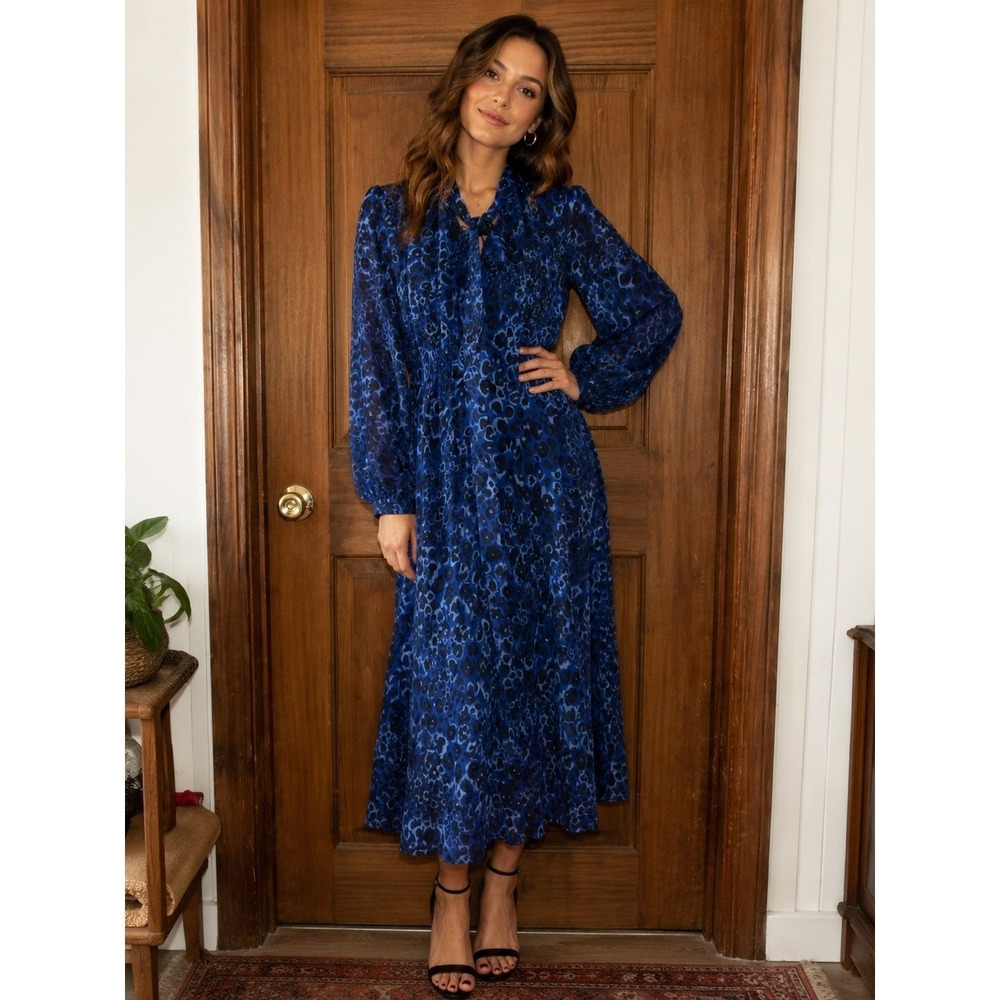 Cefinn Blue Leopard Print 100% Silk Tie Neck Midi Dress US 8 UK 12